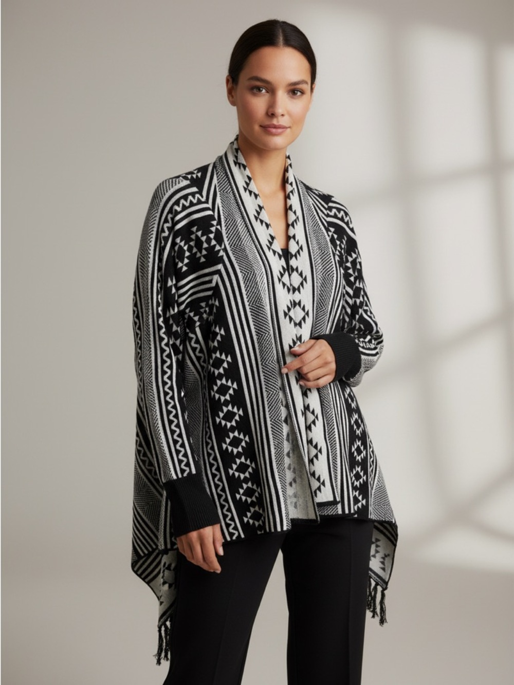 Maddison Aztec Southwestern Print Fringe Cardigan Wrap Sweater Black White Boho